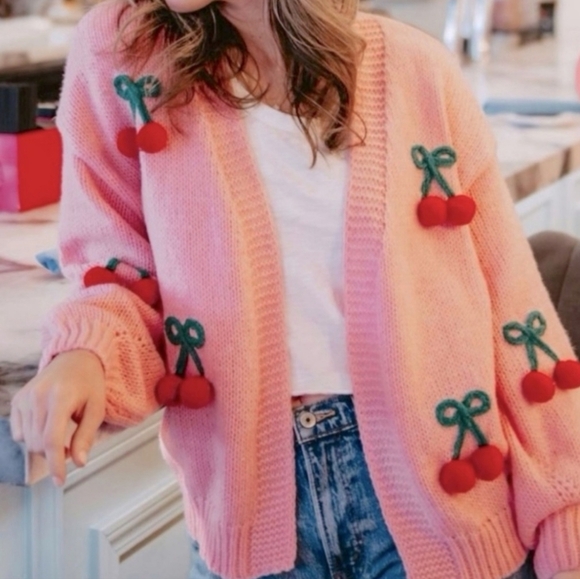 Luna Ivy Pink Cherry Embellished Cardigan Sweater Anthropologie New With Tags XS - Picture 1 of 6